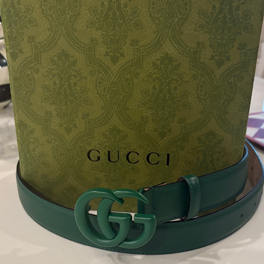Designer Inspired Emerald Green Leather Belt with Logo Buckle